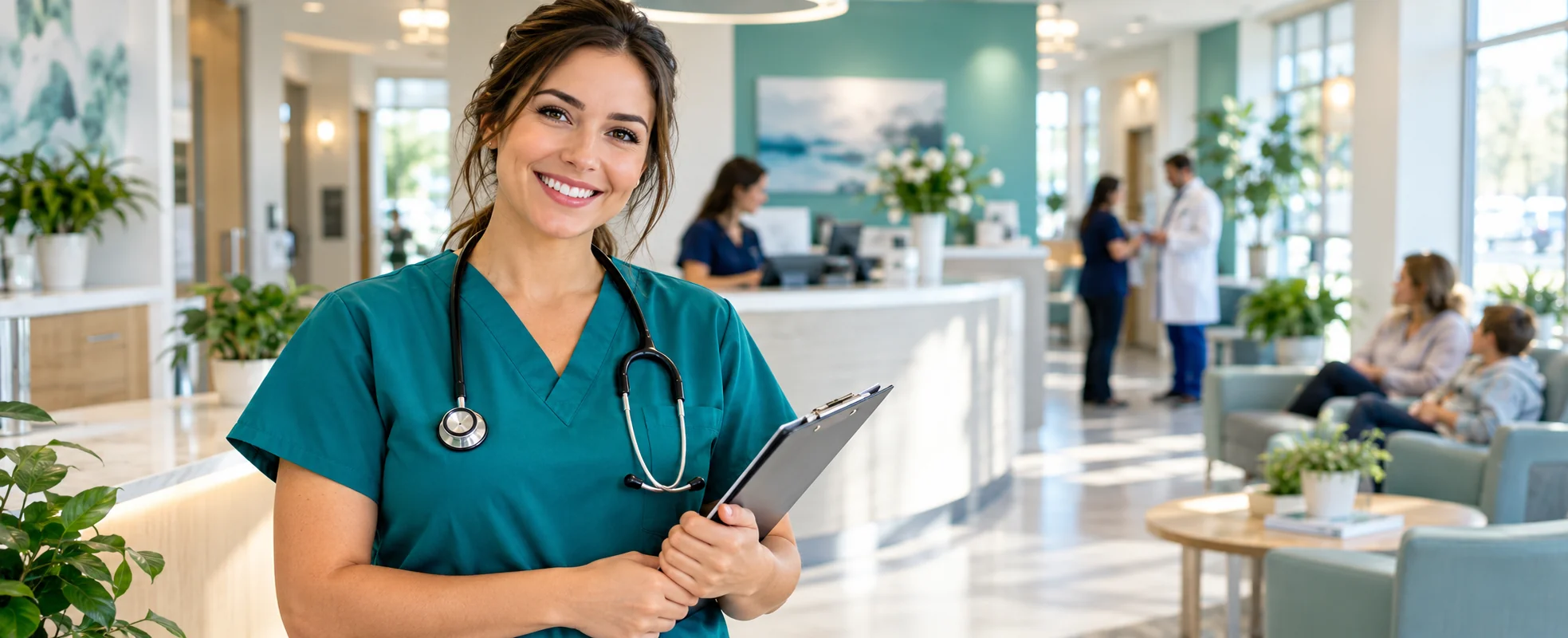 Illustrative medical team in a bright urgent care clinic